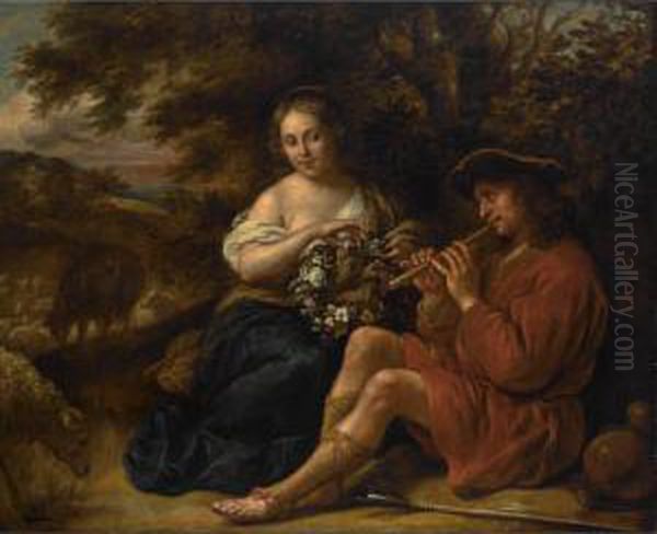 An Elegant Shepherdess Listening
 To A Shepherd Playing The Recorder In An Arcadian Landschape Oil Painting by Govert Teunisz. Flinck