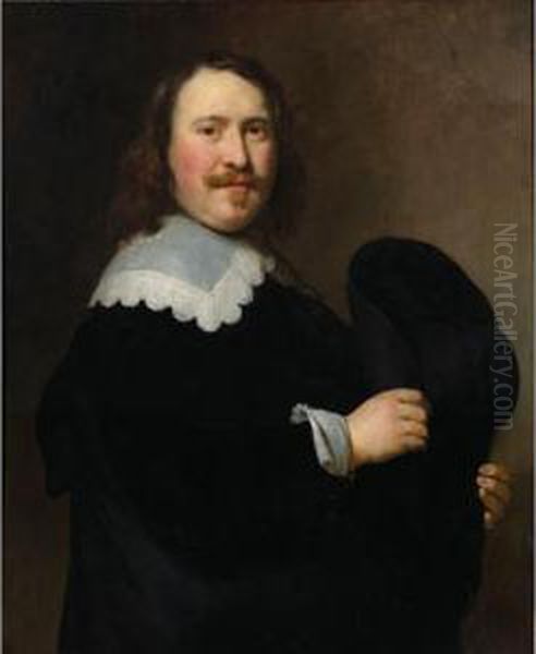 Sold By The J. Paul Getty Museum To Benefit Future Painting Acquisitions
 

 
 
 

 
 A Portrait Of A Gentleman, Standing Half-length, Turned To The Right, Wearing A Black Coat With A White Lace Colla Oil Painting by Govert Teunisz. Flinck