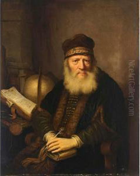 A Portrait Of A Philosopher, 
Seated Half-length At His Desk With A Globe, Holding A Pen And A Book In
 His Hands Oil Painting by Govert Teunisz. Flinck