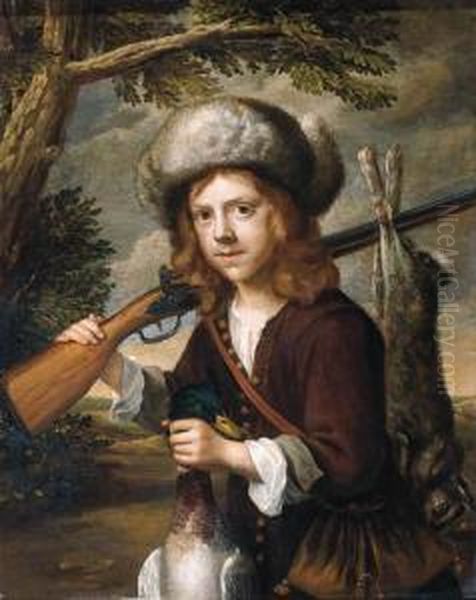 A Portrait Of A Youth, Standing 
Three Quarter Length In Alandscape, Holding A Dead Duck And A Rifle Oil Painting by Govert Teunisz. Flinck