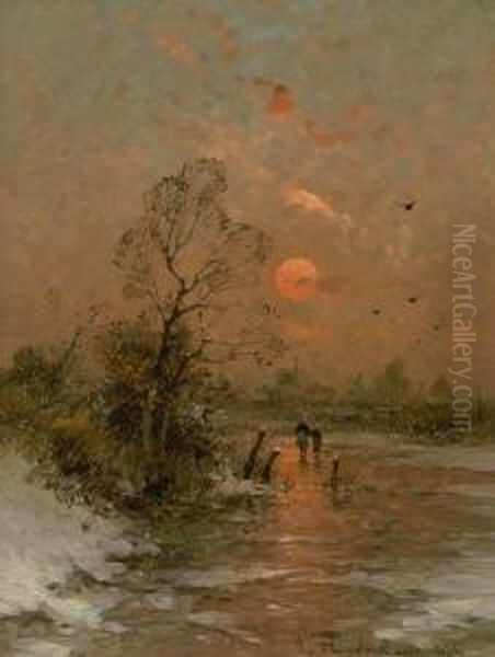 Winterlandschaft Bei
 Sonnenuntergang. Oil Painting by Heinz Flockenhaus