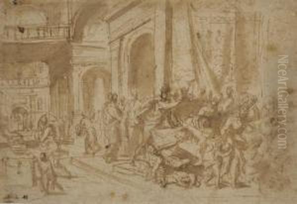 Jesus Chassant Les Marchands Du Temple (recto); Elements Architecturaux (verso) Oil Painting by Frans Floris