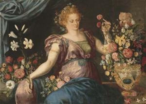 A Woman Seated With Ornamental Vases Of Flowers Oil Painting by Frans Floris