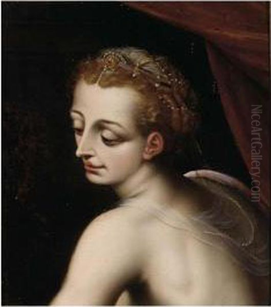 A Head Of A Woman, Wearing Pearl Jewellery In Her Hair Oil Painting by Frans Floris