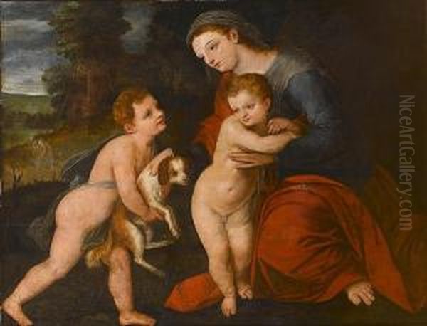 The Madonna And Child With An 
Infant Offering A Dog, Saint Joseph Before A House In A Landscape Beyond Oil Painting by Frans Floris