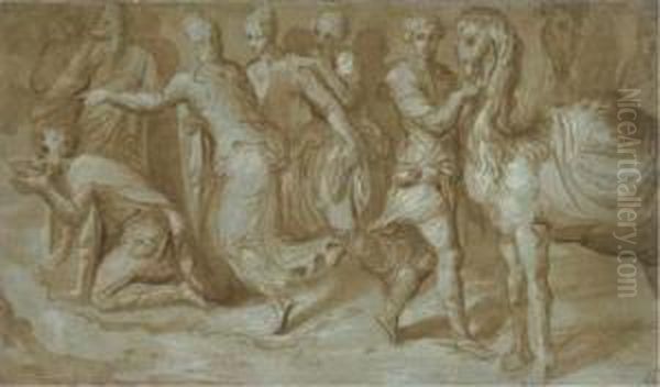 Personnages Buvant A Une Fontaine Oil Painting by Frans Floris