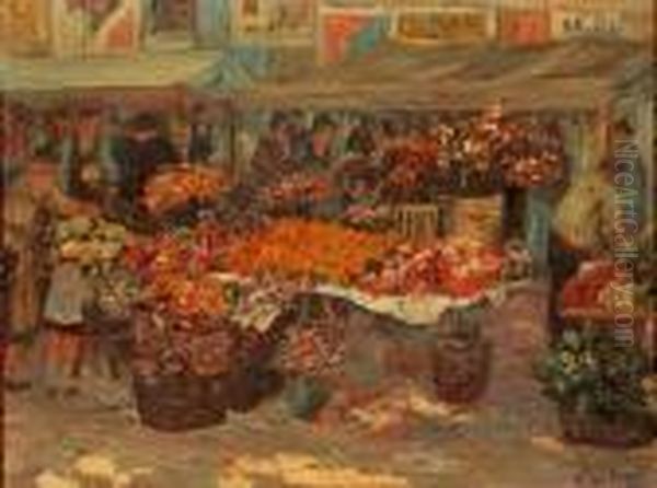 Le Marche Aux Fleurs Oil Painting by Louis Floutier