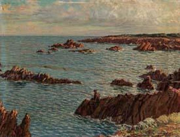 Pescatore Sugli Scogli Olio Su 
Cartonetelato, Cm. 27x35 Firmato Piero Focardi In Basso A Destra Oil Painting by Piero Focardi Del Garda