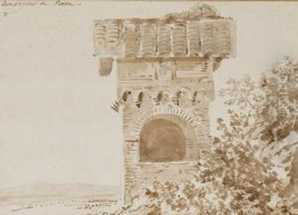 Vue D'une Tour Fortifiee Dans Un
 Paysage; Et Un Paysage Lacustre, Des Montagnes A L'arriere-plan Oil Painting by Pierre Francois L. Fontaine