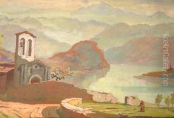 Vista Da Menaggio Con Monastero Sul Lago Con Personaggio Oil Painting by Daniele Fontana