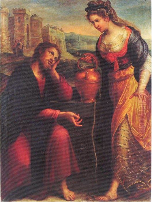 Christ And The Woman Of Samaria Oil Painting by Lavinia Fontana