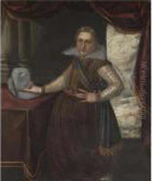 Portrait Of A Gentleman, 
Three-quarter Length, Standing By A Table In An Interior And Wearing A 
Richly Embroidered Costume Oil Painting by Lavinia Fontana