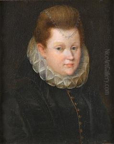 Portrait Of A Noblewoman, 
Bust-length, In A Black Satin Dress With A White Lace Ruff And Headdress Oil Painting by Lavinia Fontana