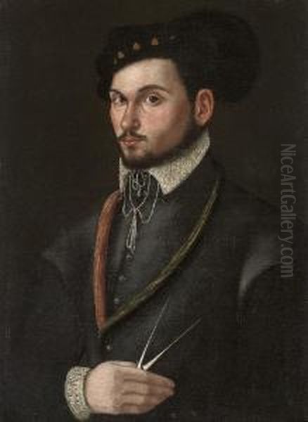 Portrait Of A Navigator, 
Half-length, In A Black Doublet And A Plumed Hat, A Pair Of Compasses In
 His Right Hand Oil Painting by Lavinia Fontana