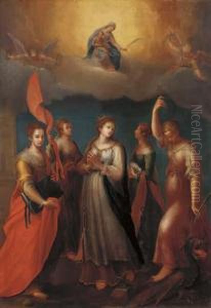 The Madonna And Child Appearing 
To Saints Barbara, Ursula, Catherine Of Alexandria, Agnes And Margaret 
Of Antioch Oil Painting by Lavinia Fontana