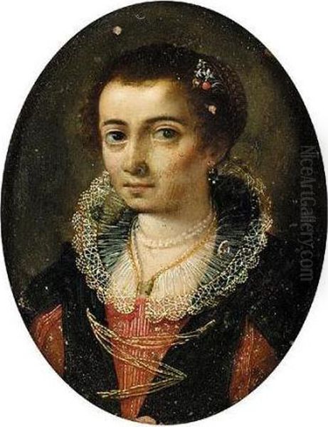 Portrait Of A Lady, Head And 
Shoulders, Wearing An Elaborate Ruff And A Red Embroidered Dress Oil Painting by Lavinia Fontana