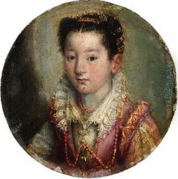 Portrait Of A Girl, Bust-length,
 In A Pink And White Embroidereddress, Wearing A Coral Necklace Oil Painting by Lavinia Fontana