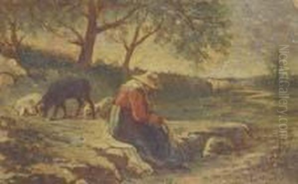 Contadina Seduta Con Capretta. Oil Painting by Antonio Fontanesi