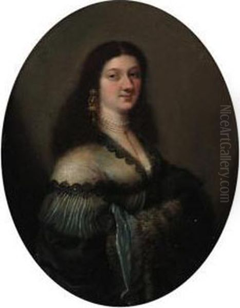 Portriat Of A Lady, Half-length,
 In A Blue Satin Dress With A Furmuff; And Portrait Of A Lady, 
Half-length, In A Grey Dress With Alace Collar Oil Painting by Girolamo Forabosco