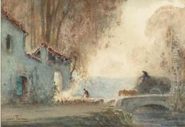 Paysage Avec Une Charette 
Chargee De Foin Traversant Un Pont, Un Troupeau De Mouton Avec Un Berger
 A Gauche Oil Painting by Henri Foreau