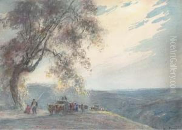 Paysage Montagneux Avec Des Voyageurs Au Premier Plan Pres D'un Arbre Oil Painting by Henri Foreau