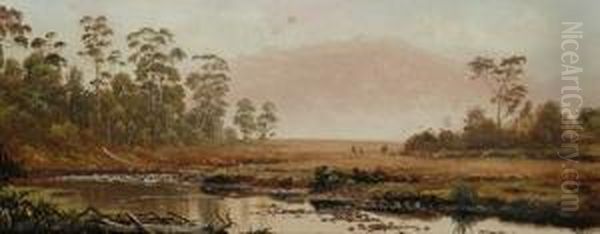 Attributed To James Haughton 
Forrest Tasmanianriver Scene Oil On Board 15 X 37.5 Cm Provenance: 
Purchasedtasmania C.1955 Private Collection Melbourne Oil Painting by H. Forrest