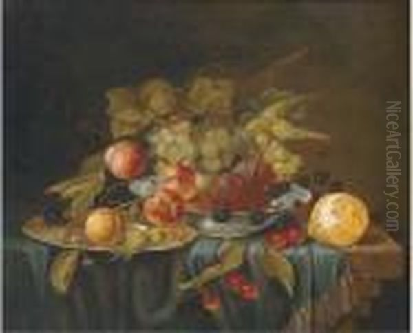 A Bowl And A Salver Of Grapes, 
Plums And Blackberries By Cherries And A Lemon On A Draped Table. Oil Painting by George Forster