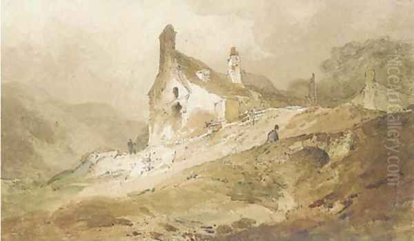 A figure on a bridge below cottages, Wales Oil Painting by John Sell Cotman