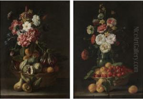Still Life With A Basket Of Figs
 And Plums Together With A Bouquet Of Flowers;still Life With A Basket 
Of Peaches And Cherries Together With A Bouquet Of Flowers In An 
Earthenware Vase Oil Painting by Luca Forte