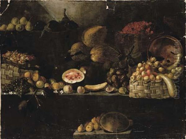 A Basket Of Apples, Calabashes, 
An Upturned Copper Vessel, Figs, Melons, With Other Fruit On Rocky 
Ledges Oil Painting by Luca Forte