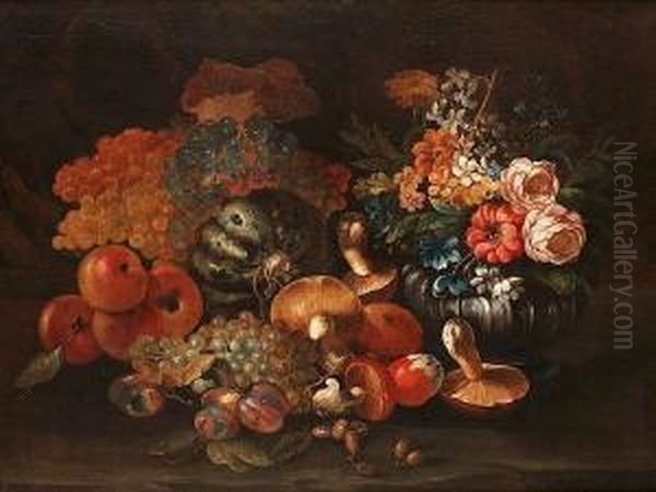 Mushrooms, Plums, Peaches, 
Grapes And Other Fruit In A Landscape With A Silver Gilt Vase Of 
Narcissi, Roses, Delphiniums And Other Flowers Oil Painting by Luca Forte