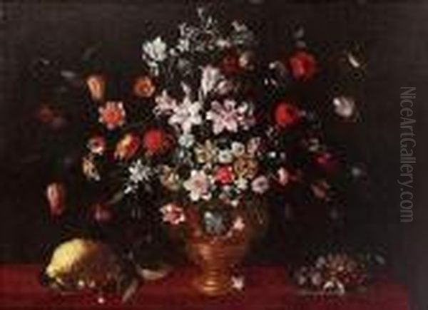 Tulips, Carnations, Lilies, 
Narcissi And Other Flowers In An Urn On A Draped Table With Plums, 
Cherries, Cobb Nuts And Fraises-du-bois On A Salver And A Lemon With 
Cherries On A Salver With Two Butterflies And A Finch Oil Painting by Luca Forte
