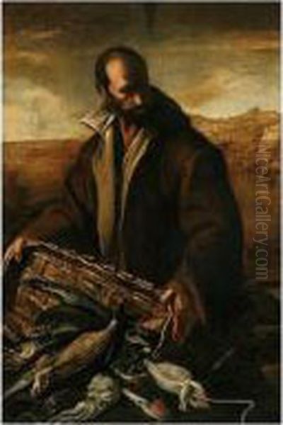 A Still Life With A Fisherman, 
Three-quarter Length Standing, Pouring His Catch From A Basket Oil Painting by Luca Forte