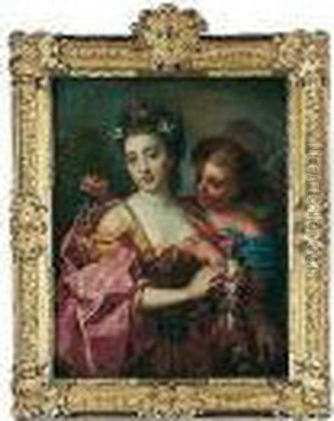 Portrait Of A Lady As Flora, Three-quarter Length, Accompanied By Zephyr Oil Painting by Nicolas Fouche