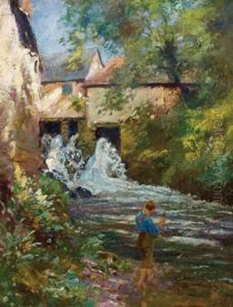 Boy Fishing Oil Painting by Alexis Fournier