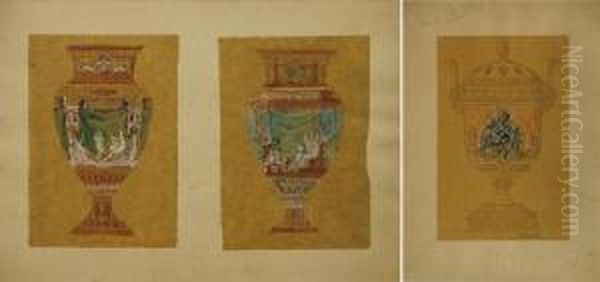 Lot De 16 Etudes De Vases, De Decor Floral, Vases Balustres Oil Painting by Alexis Fournier