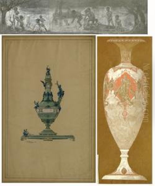 Lot De 9 Etudes De Vases Et De Medaillons Oil Painting by Alexis Fournier