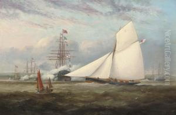 The Cutter 
Brunette
 Racing In Osborne Bay, The Royal Yachtbeyond, With Warships Saluting Her As She Passes Oil Painting by Arthur Wellington Fowles