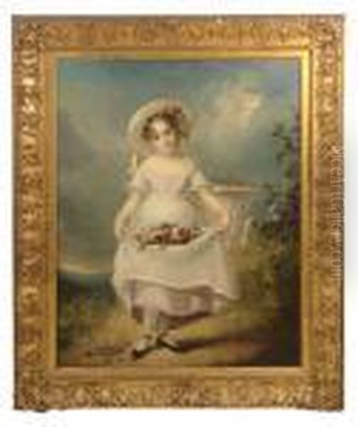 19th C. Oil, Portrait Of A Young
 Girl Standing, Wearing Bonnet, Holding Flowers In Her Dress By 
Classical Urn And Landscape, Oil, Canvas, 50 Oil Painting by Alexandre Evariste Fragonard
