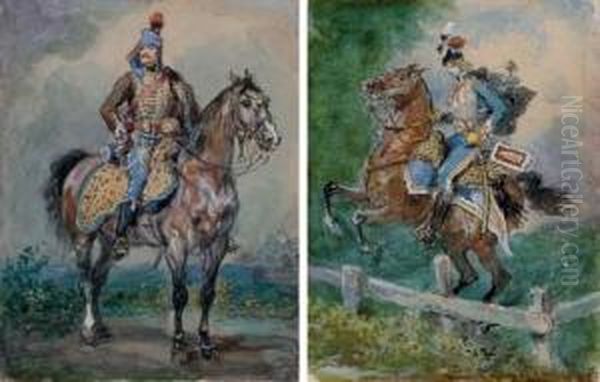 Un Officier I Cheval; Et Cheval
 Cabre Devant Une Barriere Et Son Cavalier (recto); Etude De Femme Au 
Chapeau (verso) Oil Painting by Pierre Desire Eugene Franc Lamy