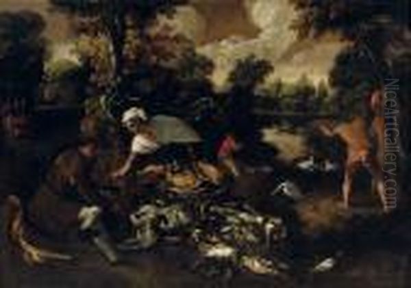 A Peasant Woman Selling Poultry 
In A Wooded River Landscape, Hunters In The Foreground And Beyond Oil Painting by Paolo Fiammingo