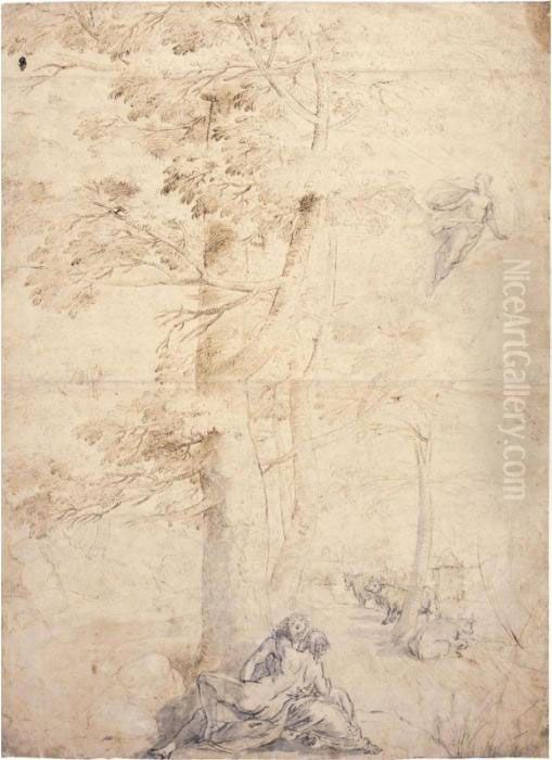 Io Embraced By Jupiter At The 
Foot Of A Tree, With Juno Looking On From Above And Cows Grazing In The 
Background Oil Painting by Paolo Fiammingo