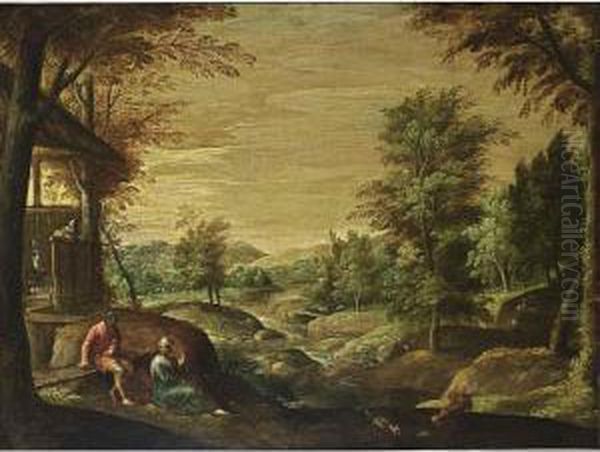 A Wooded River Landscape With A 
Couple Conversing In The Foreground Together With Chickens, Huntsmen In 
The Background Oil Painting by Paolo Fiammingo