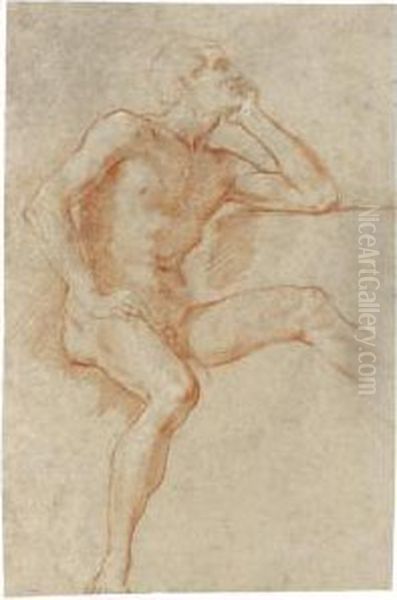 Recto: Study Of A Male Nude, 
Seated, Resting His Chin On His Left Hand; Verso: A Male Nude In Profile
 Climbing A Staircase, A Separate Study Of His Hand Holding A Stick Oil Painting by Baldassarre Franceschini