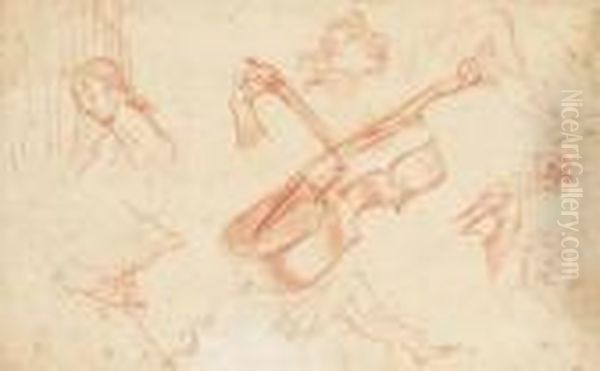 Un Violoncelle Avec Une Main 
Tenant Un Archet Avec Une Etude D'une Main Tenant Le Manche Avec Des 
Etudes De Tetes Oil Painting by Baldassarre Franceschini