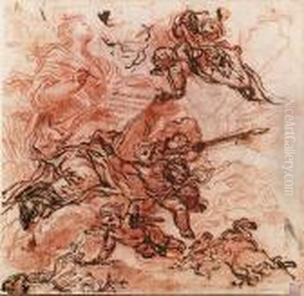 A Kneeling Figure Crowned With 
Laurels Writing On A Scroll,surrounded By Putti Holding Saint Veronica's
 Veil And Burningbooks, With A Winged Horse: A Study For A Frontispiece 
Dedicated Toduca Salviati Oil Painting by Baldassarre Franceschini