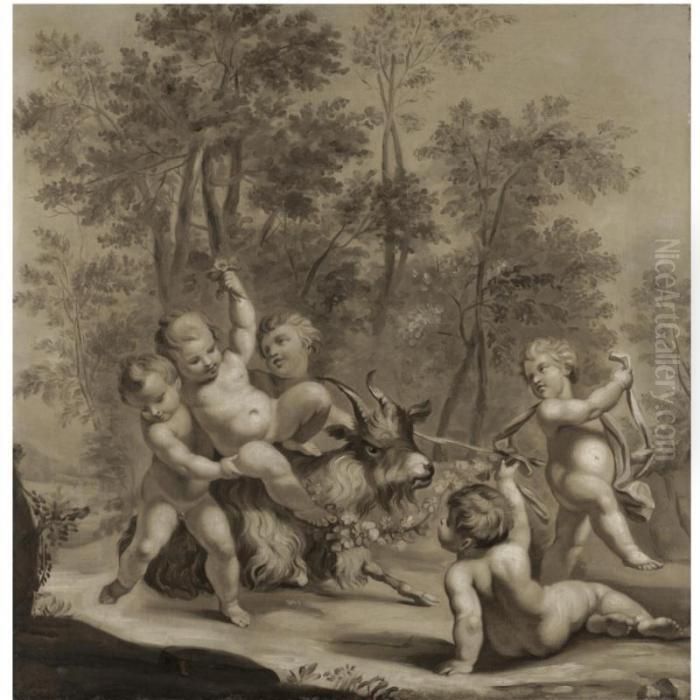 Five Cherubs Playing With A Goat In A Wood Oil Painting by Marcantonio Franceschini)