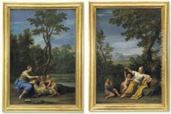 Pastoral Scene With A Maiden 
Offering Cherries To A Child; Pastoral Scene With A Young Mother, 
Frolicking Children And A Goat Oil Painting by Marcantonio Franceschini)