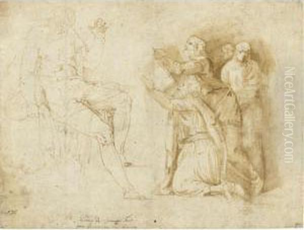 Recto And Verso: Figures Copied 
From Polidoro Da Caravaggio's Facade Decorations
 Of The Palazzo Milesi Rome Oil Painting by Battista Franco