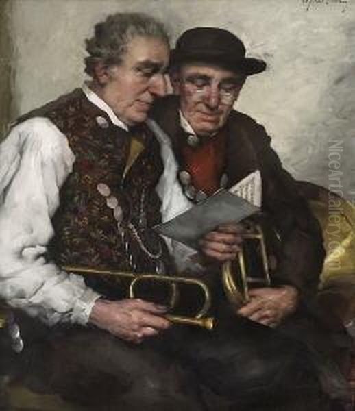 Zwei Dorfmusikanten Aus Dem
 Dachauer Land. Oil Painting by Robert Frank-Krauss